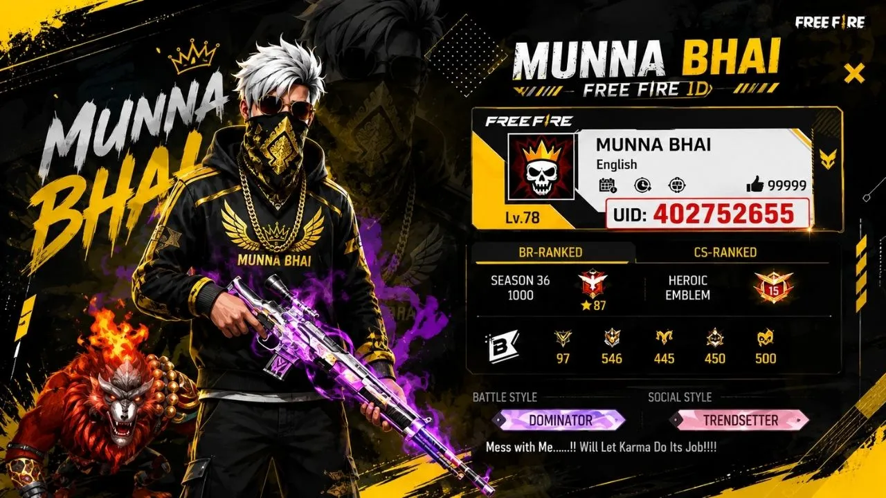 Munna Bhai UID: Verified Free Fire ID, Stats, Guild & Complete Profile (2026)